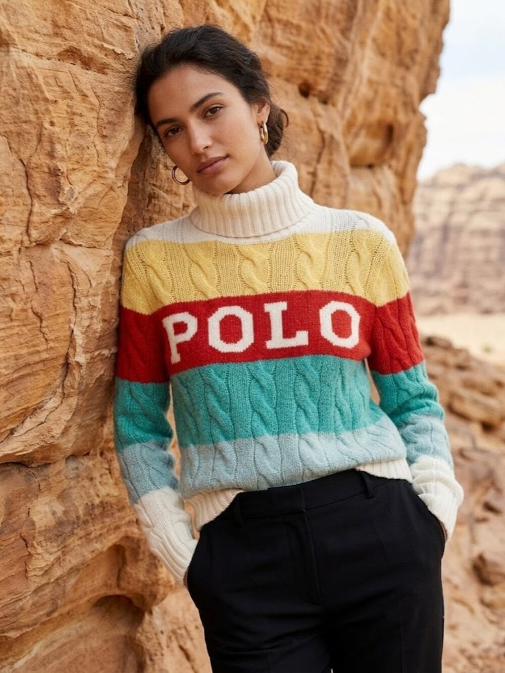 NWT Polo Ralph Lauren Women's Logo Stripe Wool Cashmere Turtleneck Sweater S